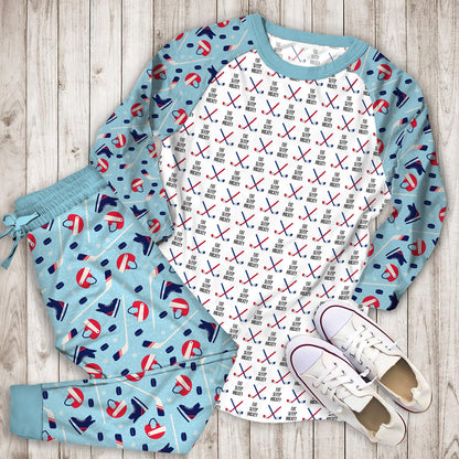 Eat Sleep Hockey Cross Sticks Red Blue Pajama Set |Sleepwear Pjs Sets | Raglan Shirt Pants Set