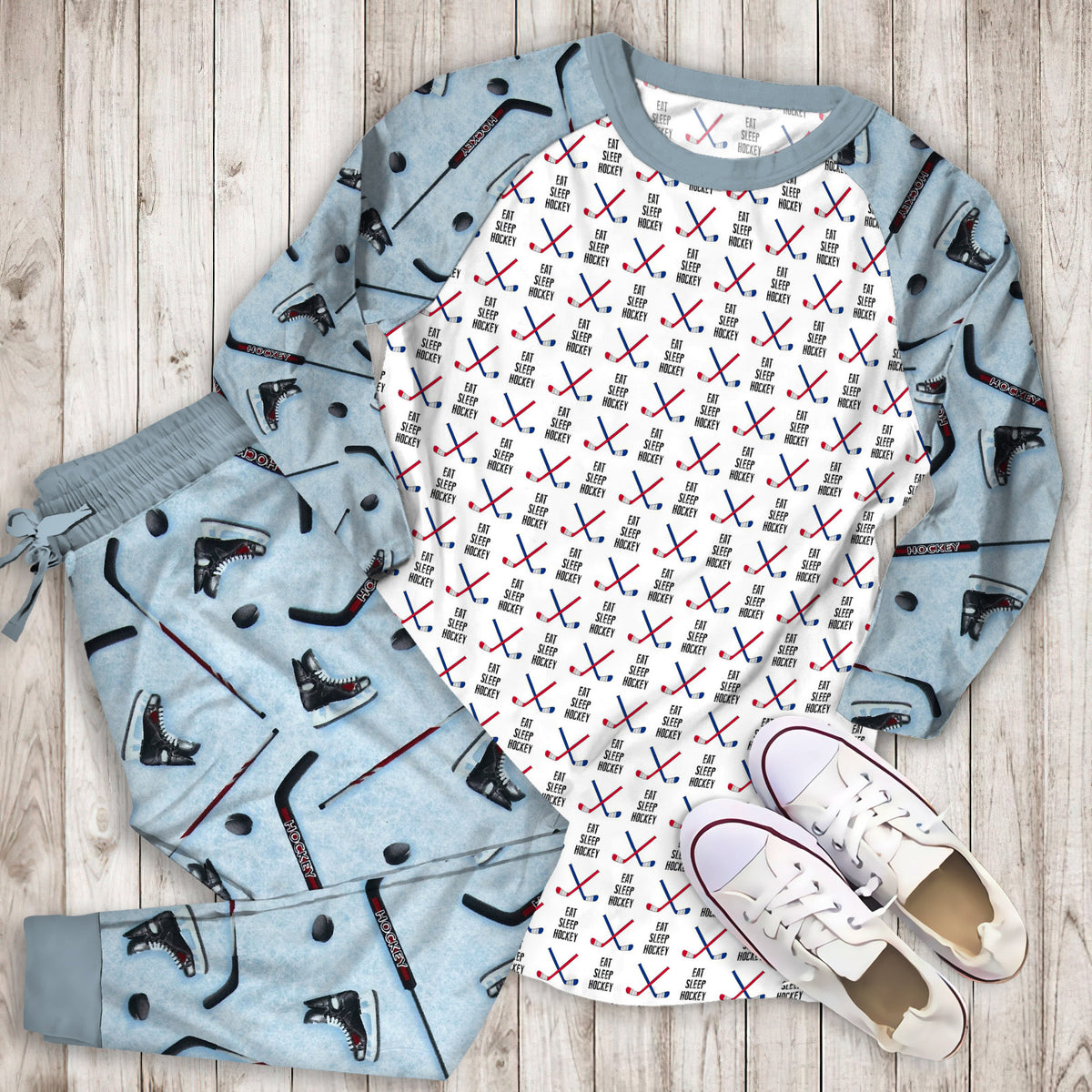 Eat Sleep Hockey Cross Sticks Red Blue Pajama Set |Sleepwear Pjs Sets | Raglan Shirt Pants Set