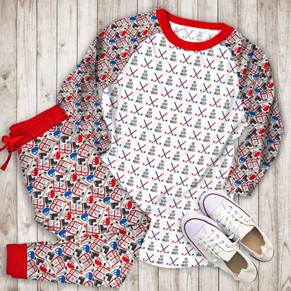 Eat Sleep Hockey Cross Sticks Red Blue Pajama Set |Sleepwear Pjs Sets | Raglan Shirt Pants Set