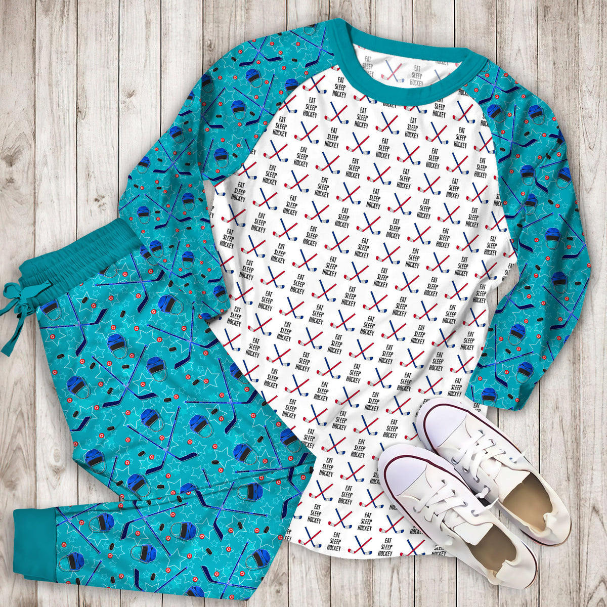 Eat Sleep Hockey Cross Sticks Red Blue Pajama Set |Sleepwear Pjs Sets | Raglan Shirt Pants Set