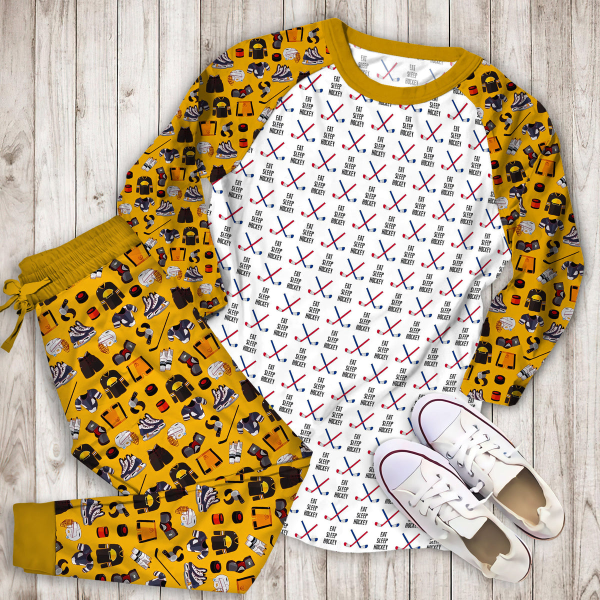 Eat Sleep Hockey Cross Sticks Red Blue Pajama Set |Sleepwear Pjs Sets | Raglan Shirt Pants Set