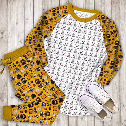Eat Sleep Hockey Cross Sticks Red Blue Pajama Set |Sleepwear Pjs Sets | Raglan Shirt Pants Set