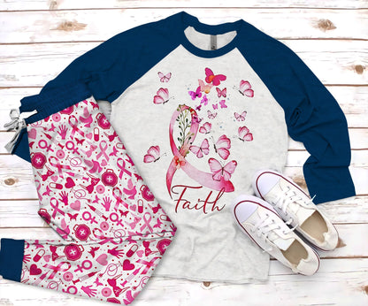 Breast Cancer Faith Pajama Set |Sleepwear Pjs Sets | Raglan Shirt Pants Set