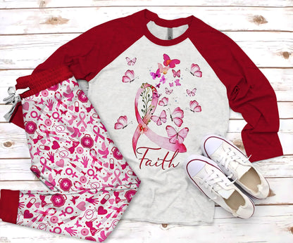 Breast Cancer Faith Pajama Set |Sleepwear Pjs Sets | Raglan Shirt Pants Set