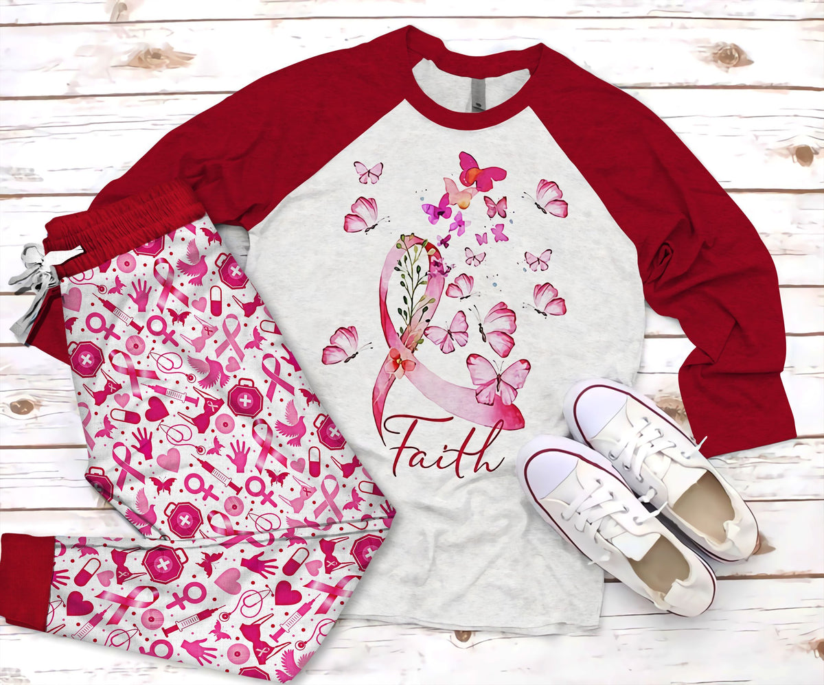 Breast Cancer Faith Pajama Set |Sleepwear Pjs Sets | Raglan Shirt Pants Set