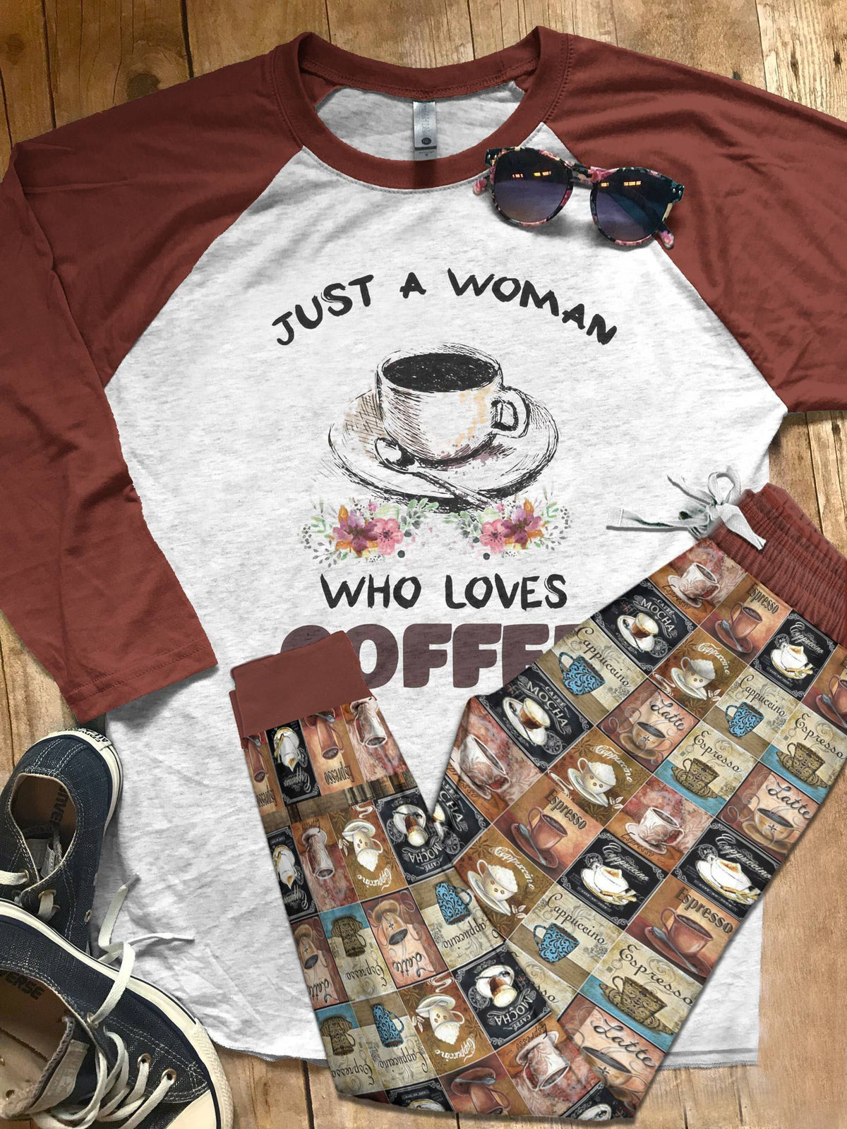 Coffee Set Just A Woman Pajama Set |Sleepwear Pjs Sets | Raglan Shirt Pants Set