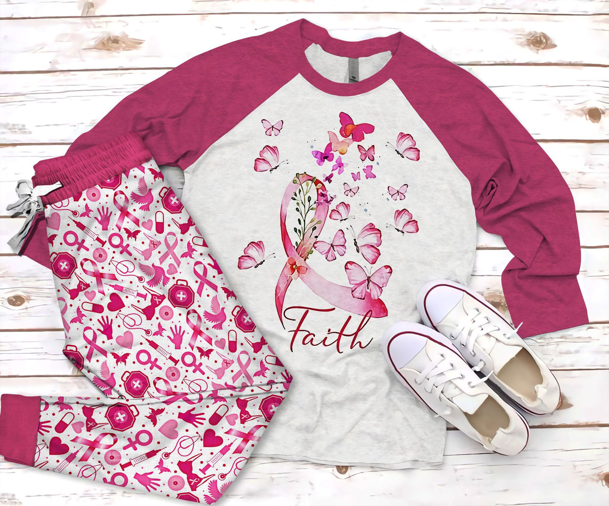 Breast Cancer Faith Pajama Set |Sleepwear Pjs Sets | Raglan Shirt Pants Set