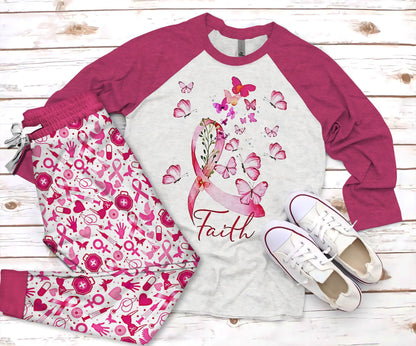 Breast Cancer Faith Pajama Set |Sleepwear Pjs Sets | Raglan Shirt Pants Set