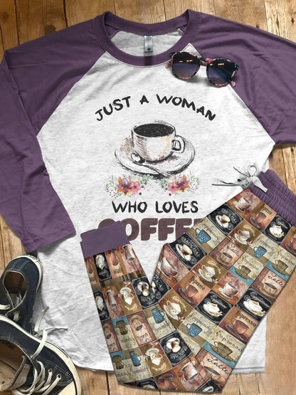 Coffee Set Just A Woman Pajama Set |Sleepwear Pjs Sets | Raglan Shirt Pants Set