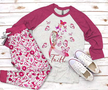 Breast Cancer Faith Pajama Set |Sleepwear Pjs Sets | Raglan Shirt Pants Set
