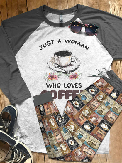 Coffee Set Just A Woman Pajama Set |Sleepwear Pjs Sets | Raglan Shirt Pants Set
