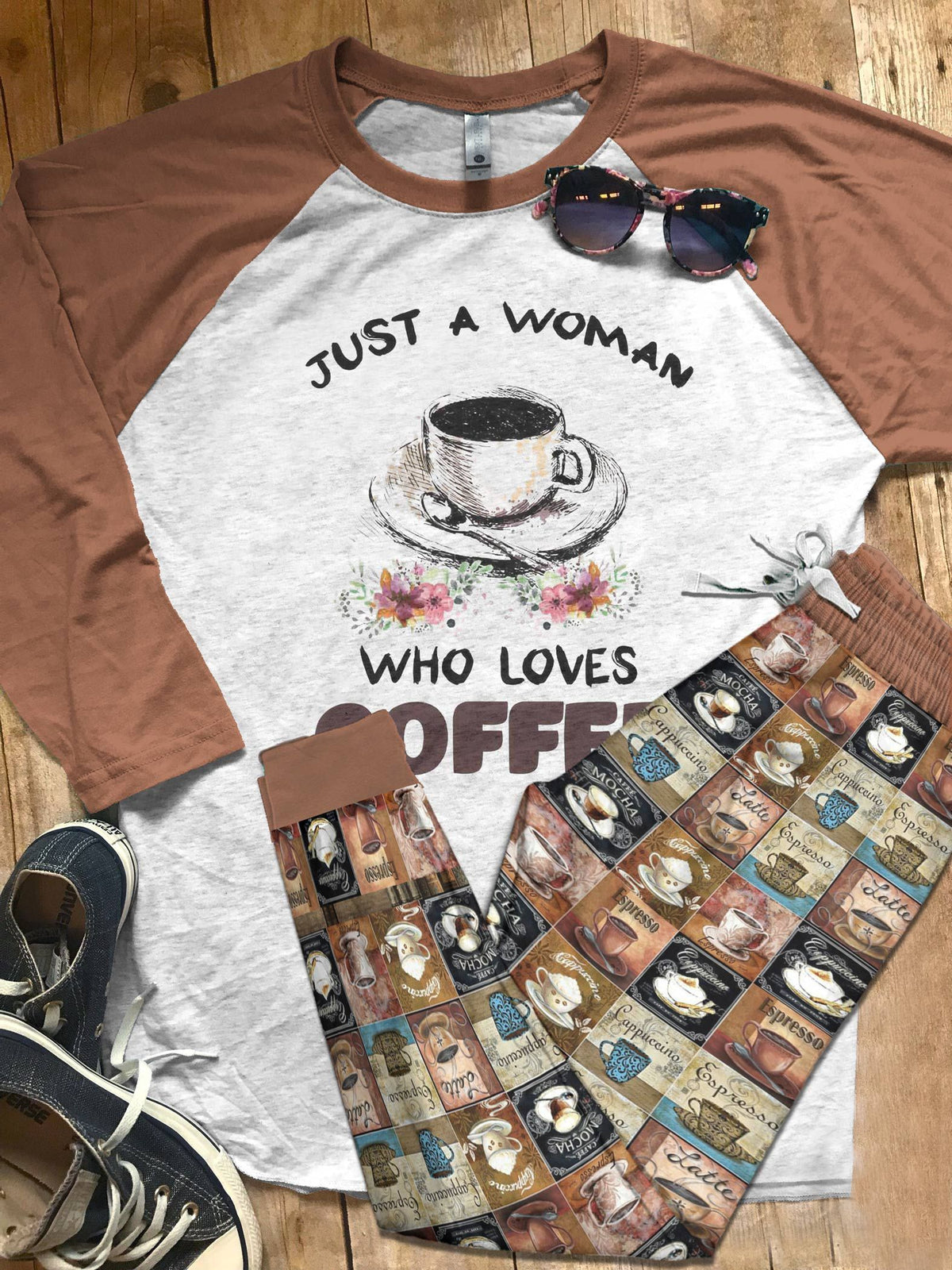 Coffee Set Just A Woman Pajama Set |Sleepwear Pjs Sets | Raglan Shirt Pants Set