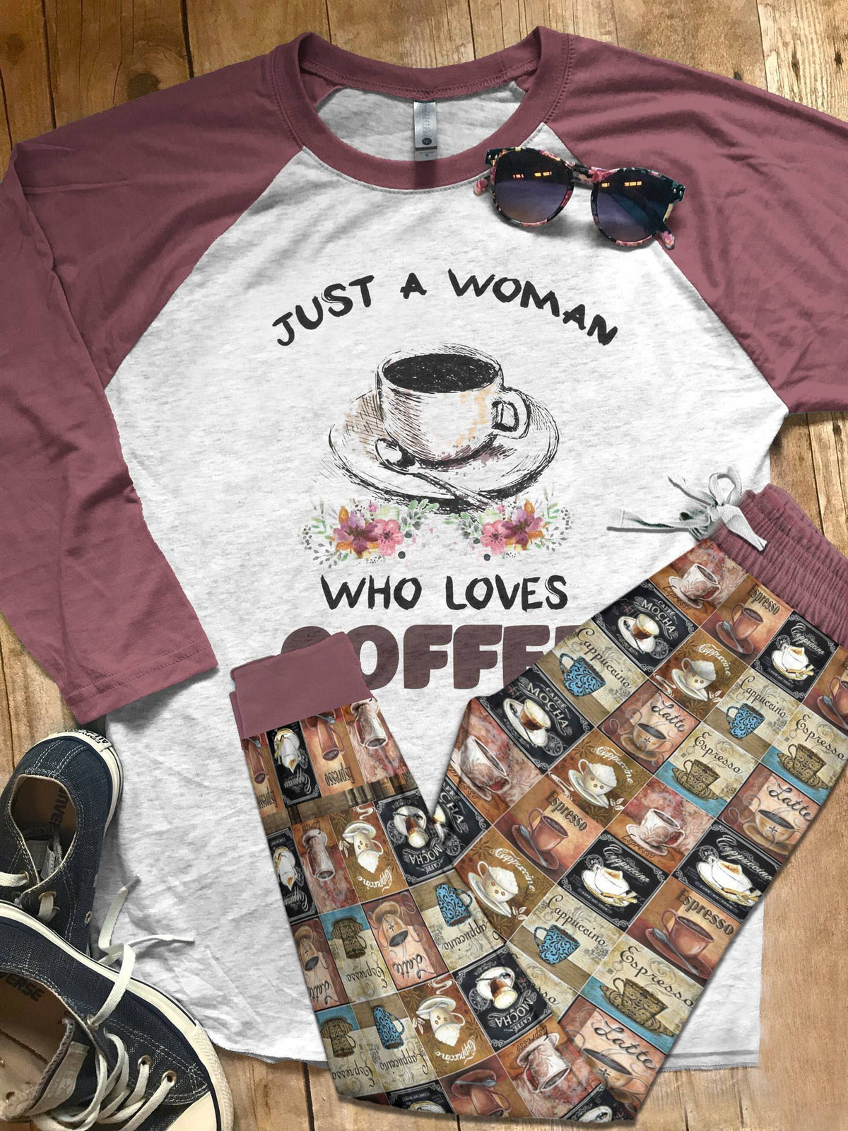 Coffee Set Just A Woman Pajama Set |Sleepwear Pjs Sets | Raglan Shirt Pants Set