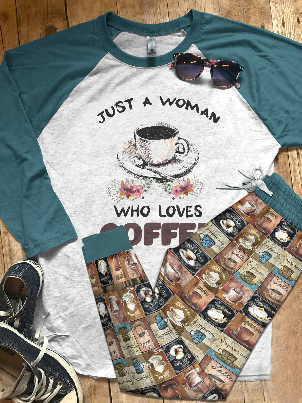 Coffee Set Just A Woman Pajama Set |Sleepwear Pjs Sets | Raglan Shirt Pants Set
