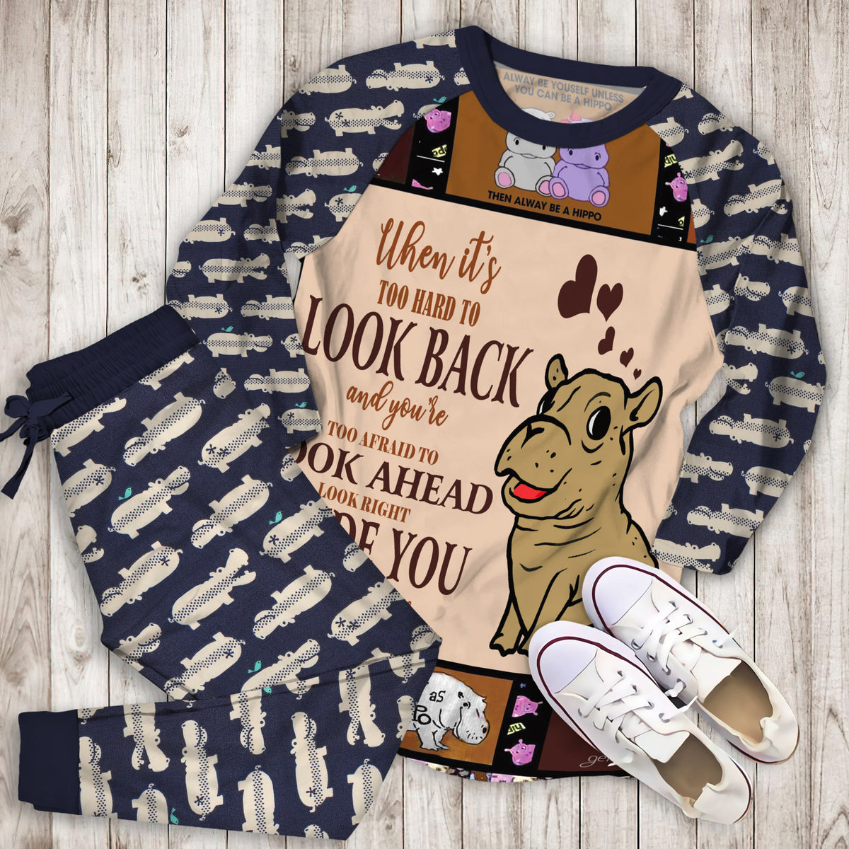 Hippo Pajama Set |Sleepwear Pjs Sets | Raglan Shirt Pants Set