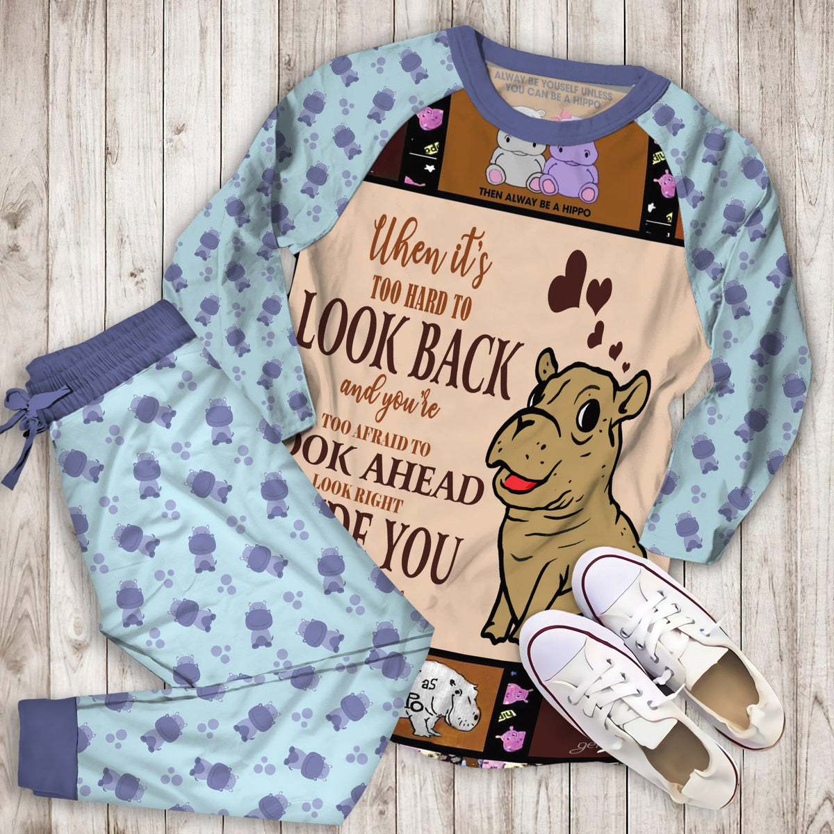 Hippo Pajama Set |Sleepwear Pjs Sets | Raglan Shirt Pants Set
