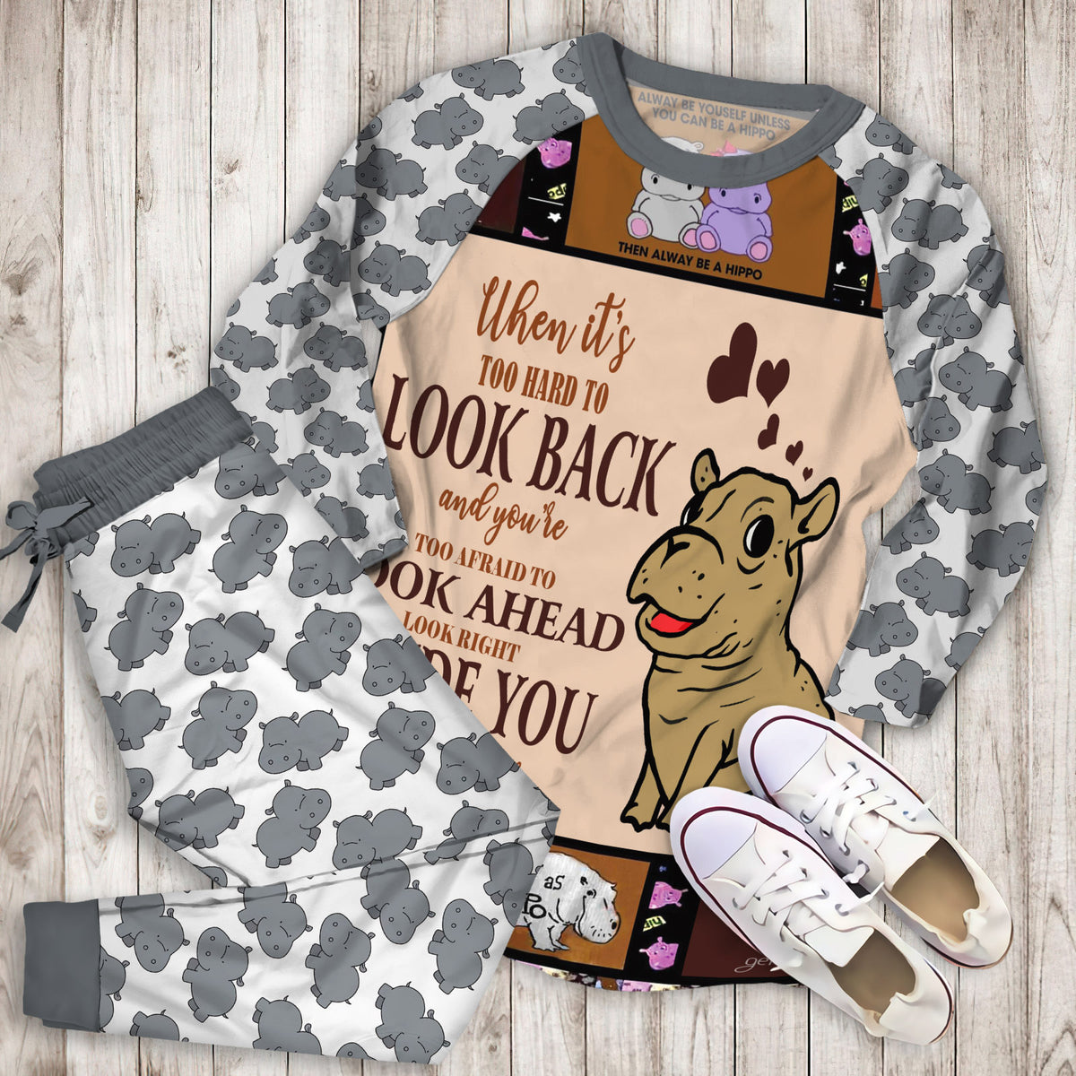 Hippo Pajama Set |Sleepwear Pjs Sets | Raglan Shirt Pants Set