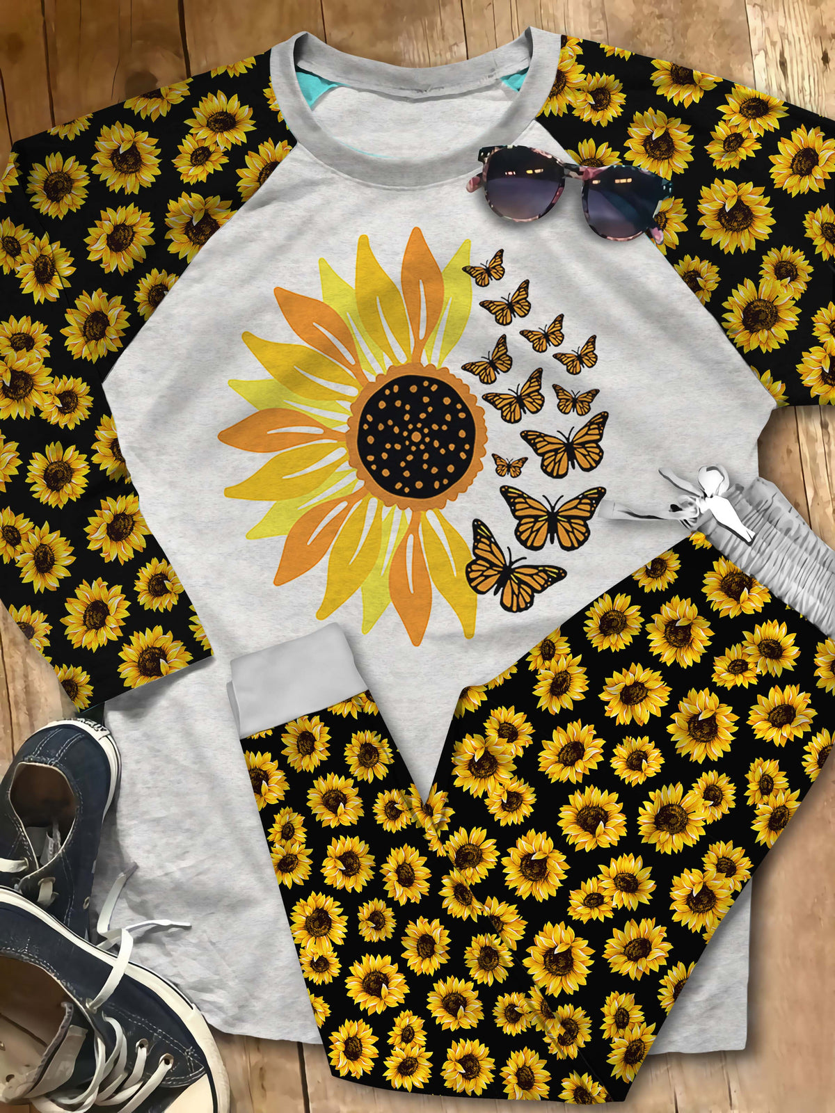 Sunflower Sunflower And Butterfly Aci Pajama Set |Sleepwear Pjs Sets | Raglan Shirt Pants Set