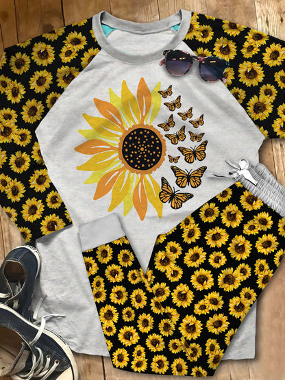 Sunflower Sunflower And Butterfly Aci Pajama Set |Sleepwear Pjs Sets | Raglan Shirt Pants Set