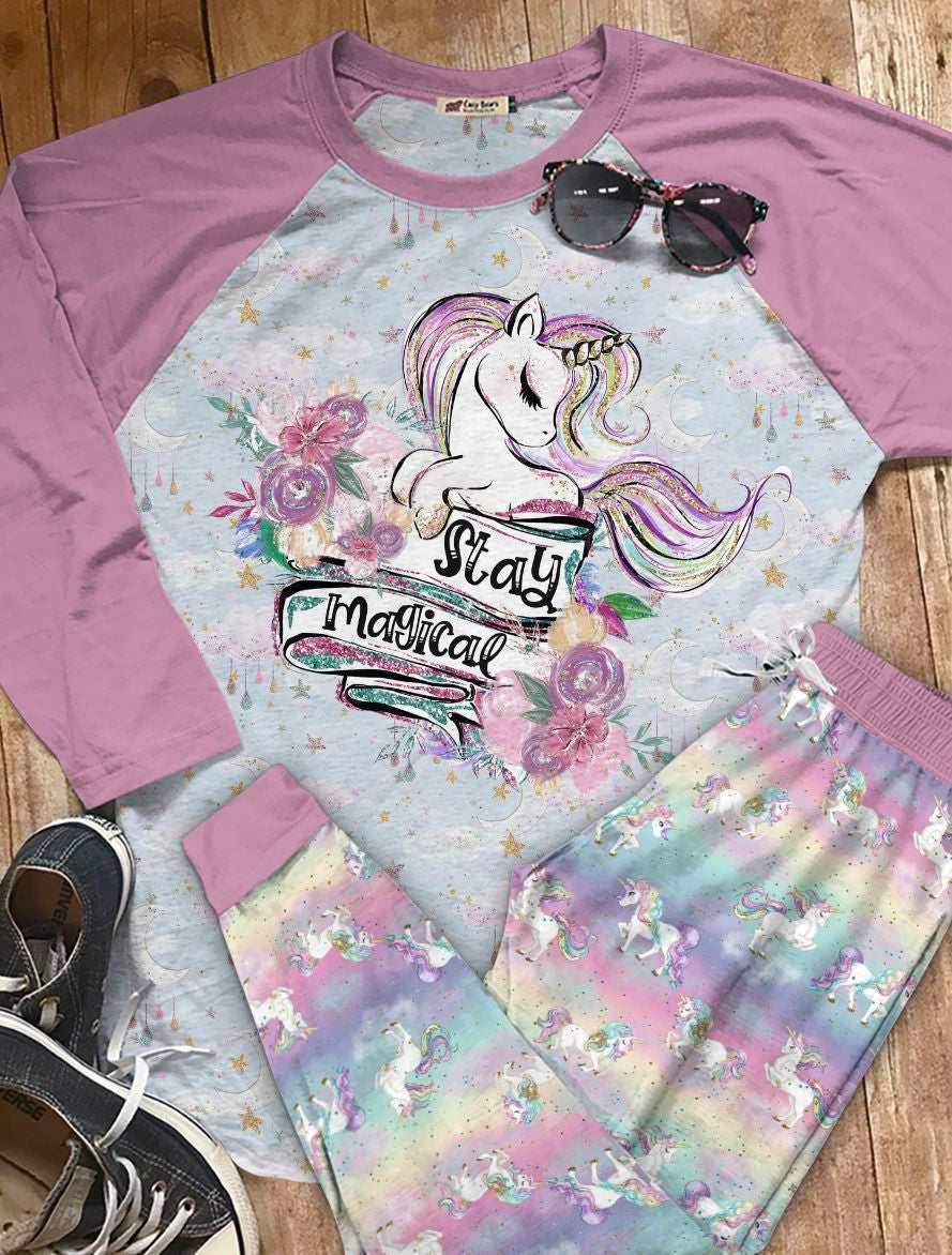 Unicorn Set Stay Magical Mfk Pajama Set |Sleepwear Pjs Sets | Raglan Shirt Pants Set