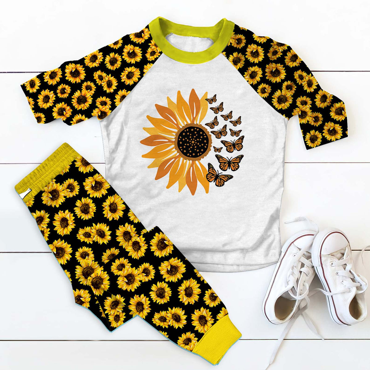 Sunflower Sunflower And Butterfly Aci Pajama Set |Sleepwear Pjs Sets | Raglan Shirt Pants Set