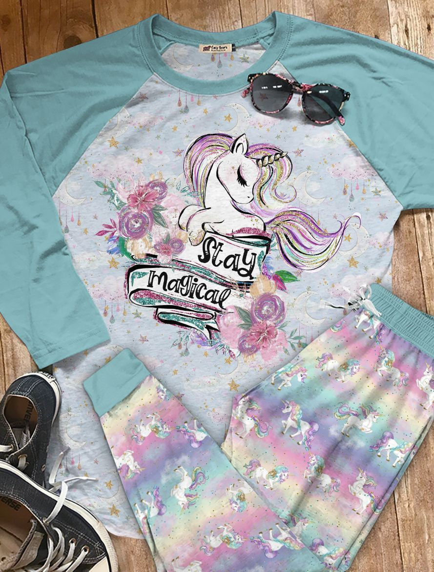 Unicorn Set Stay Magical Mfk Pajama Set |Sleepwear Pjs Sets | Raglan Shirt Pants Set