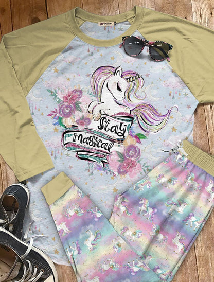 Unicorn Set Stay Magical Mfk Pajama Set |Sleepwear Pjs Sets | Raglan Shirt Pants Set