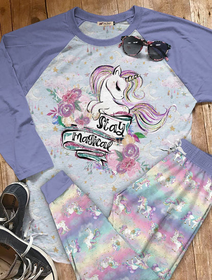 Unicorn Set Stay Magical Mfk Pajama Set |Sleepwear Pjs Sets | Raglan Shirt Pants Set