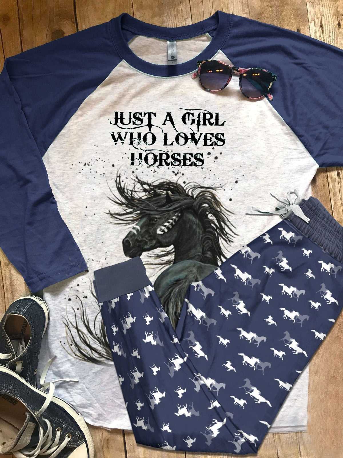 Horse Just A Girl Who Loves Horses Pajama Set |Sleepwear Pjs Sets | Raglan Shirt Pants Set