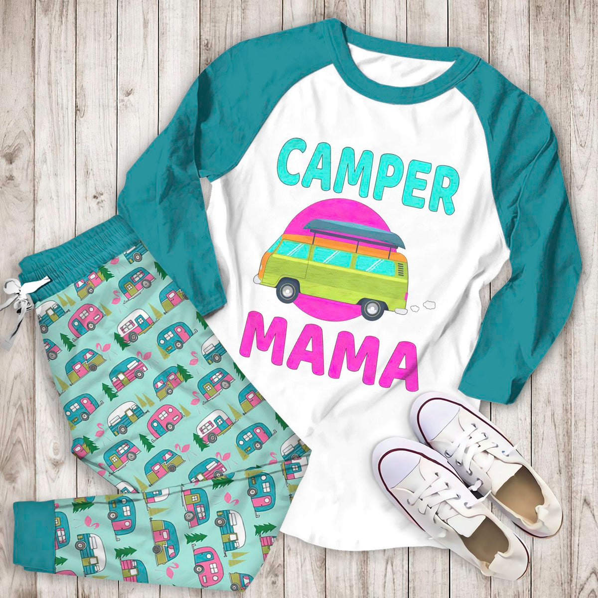 Camping Camper Mama Aaz Pajama Set |Sleepwear Pjs Sets | Raglan Shirt Pants Set