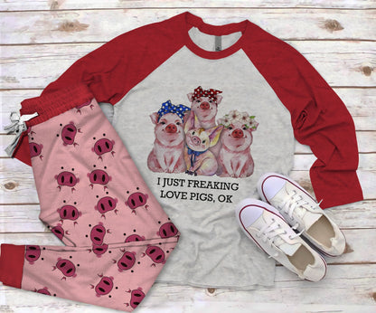 Pig I Just Freaking Love Pigs Red Awesome Pajama Set |Sleepwear Pjs Sets | Raglan Shirt Pants Set