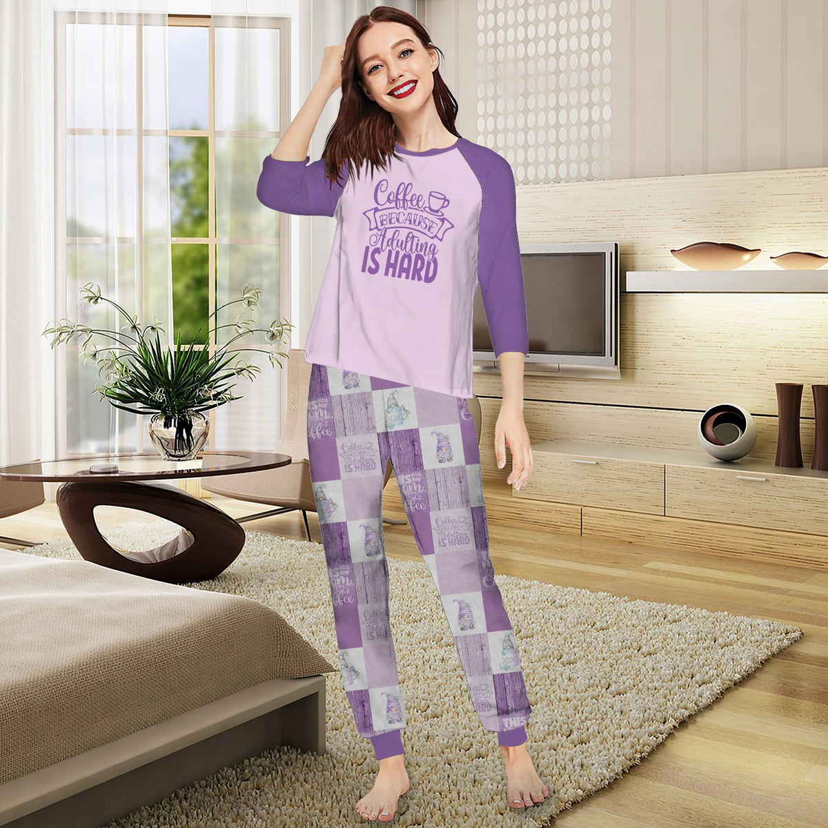 Coffee Adulting Is Hard Aan Pajama Set |Sleepwear Pjs Sets | Raglan Shirt Pants Set