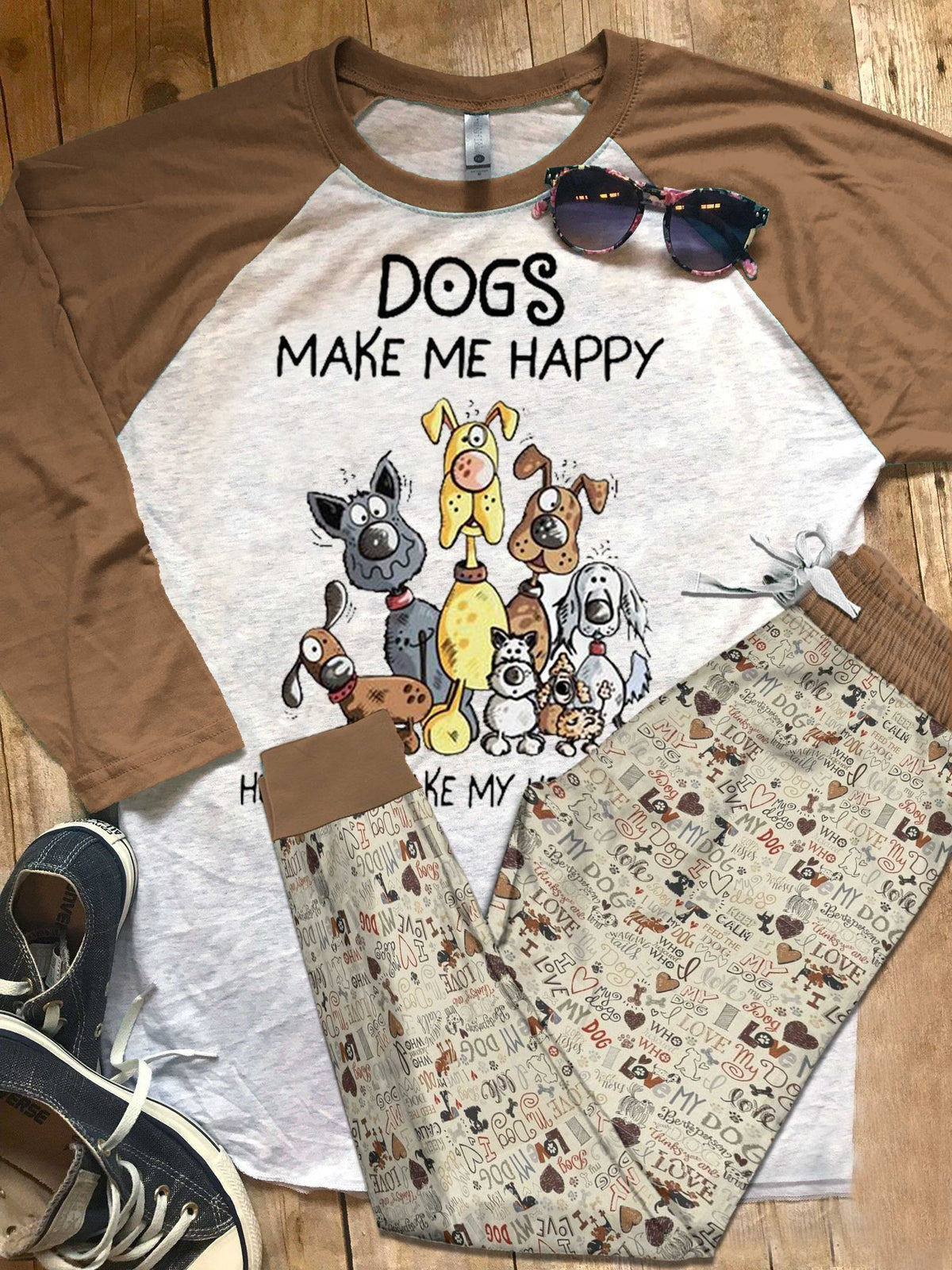 Dog Make Me Happy Pajama Set |Sleepwear Pjs Sets | Raglan Shirt Pants Set