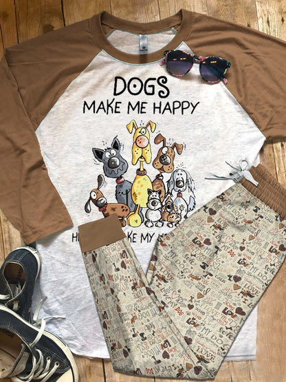 Dog Make Me Happy Pajama Set |Sleepwear Pjs Sets | Raglan Shirt Pants Set