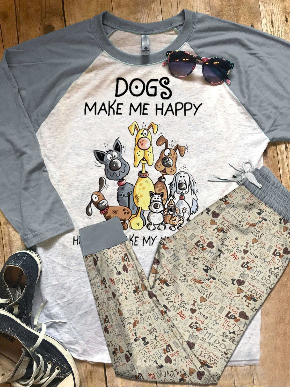 Dog Make Me Happy Pajama Set |Sleepwear Pjs Sets | Raglan Shirt Pants Set