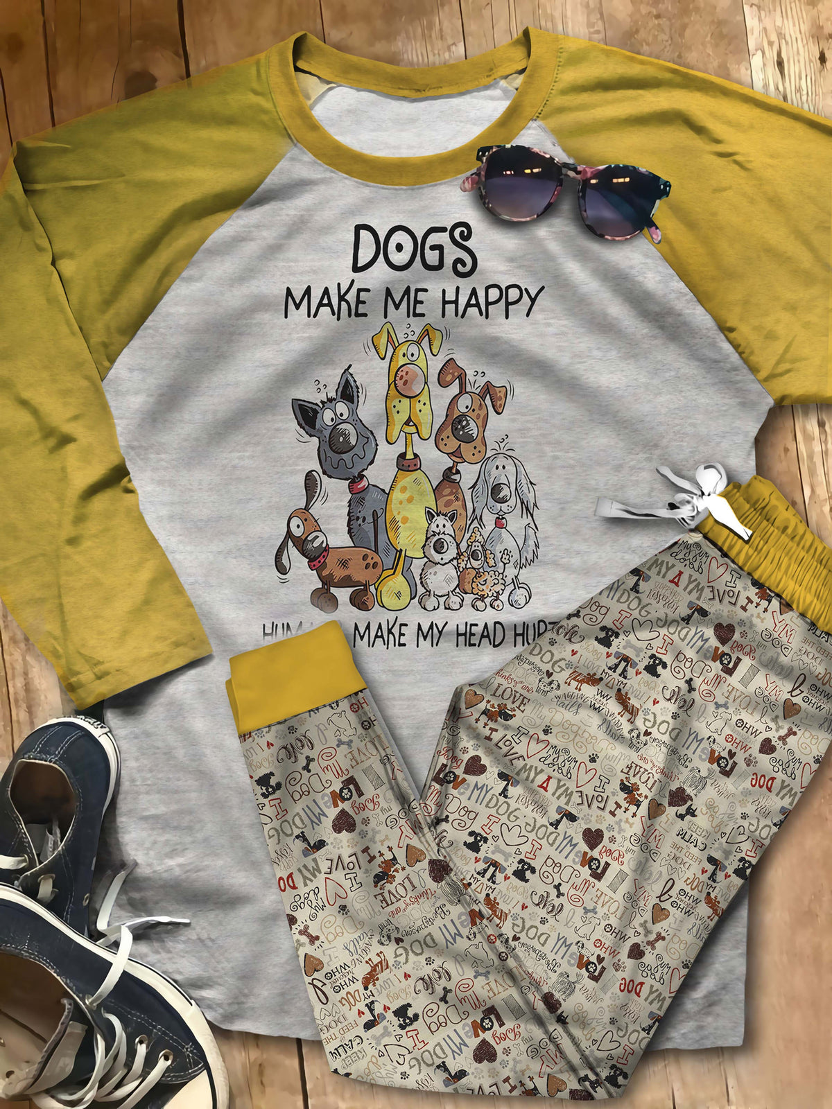 Dog Make Me Happy Pajama Set |Sleepwear Pjs Sets | Raglan Shirt Pants Set