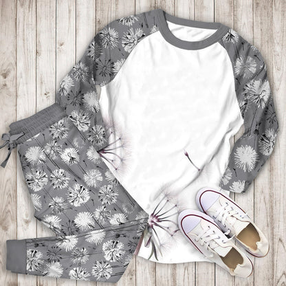 White Dandelion Pajama Set |Sleepwear Pjs Sets | Raglan Shirt Pants Set