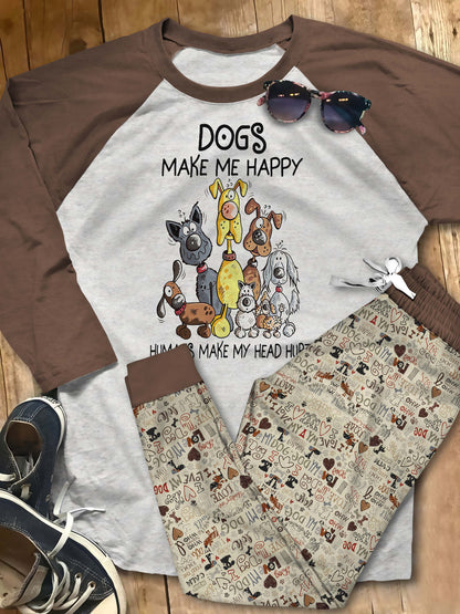Dog Make Me Happy Pajama Set |Sleepwear Pjs Sets | Raglan Shirt Pants Set