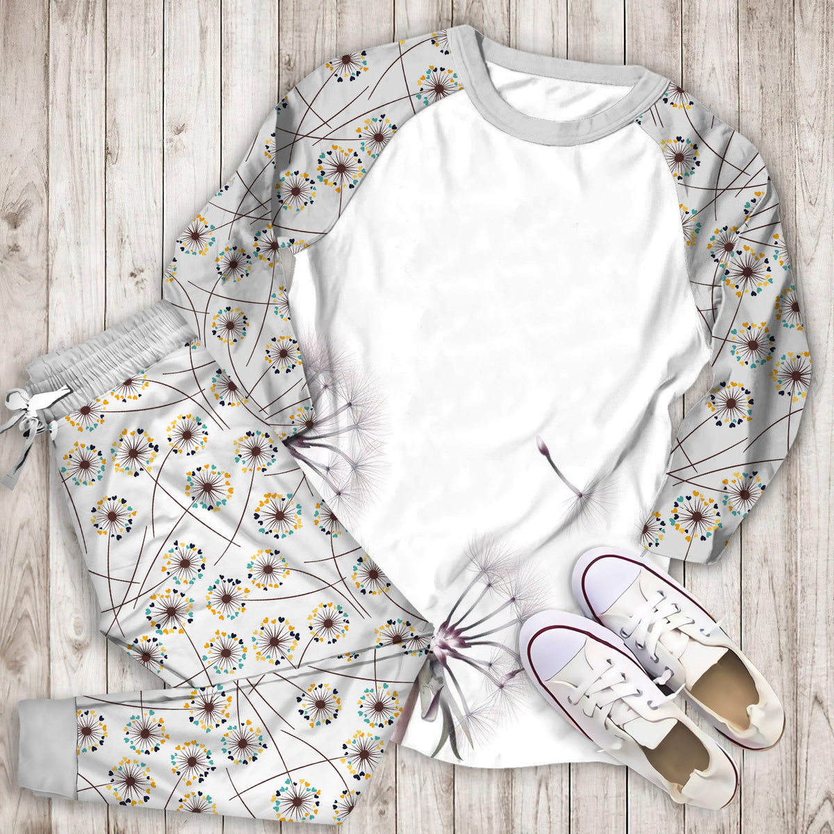 White Dandelion Pajama Set |Sleepwear Pjs Sets | Raglan Shirt Pants Set