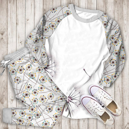 White Dandelion Pajama Set |Sleepwear Pjs Sets | Raglan Shirt Pants Set