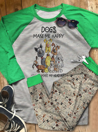 Dog Make Me Happy Pajama Set |Sleepwear Pjs Sets | Raglan Shirt Pants Set