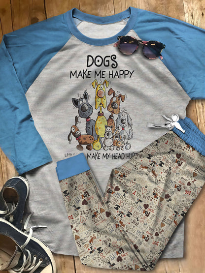 Dog Make Me Happy Pajama Set |Sleepwear Pjs Sets | Raglan Shirt Pants Set