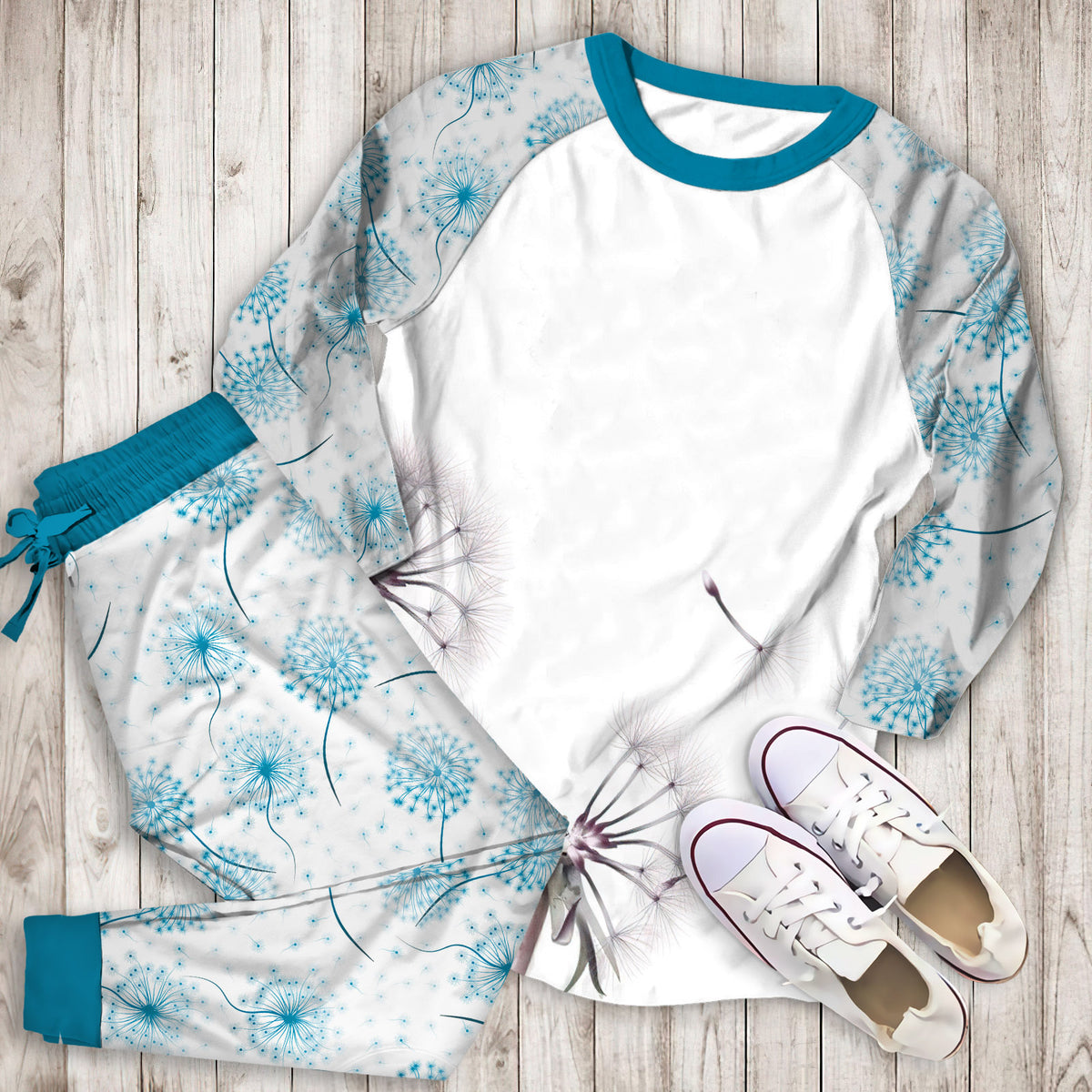 White Dandelion Pajama Set |Sleepwear Pjs Sets | Raglan Shirt Pants Set