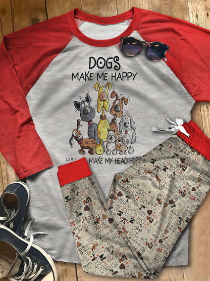 Dog Make Me Happy Pajama Set |Sleepwear Pjs Sets | Raglan Shirt Pants Set