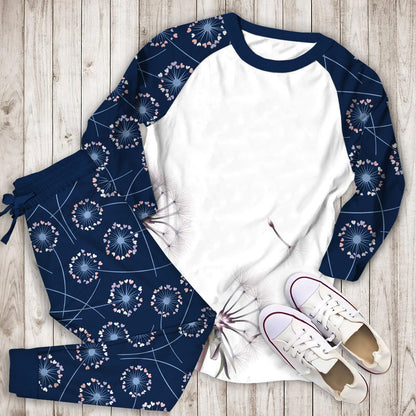 White Dandelion Pajama Set |Sleepwear Pjs Sets | Raglan Shirt Pants Set