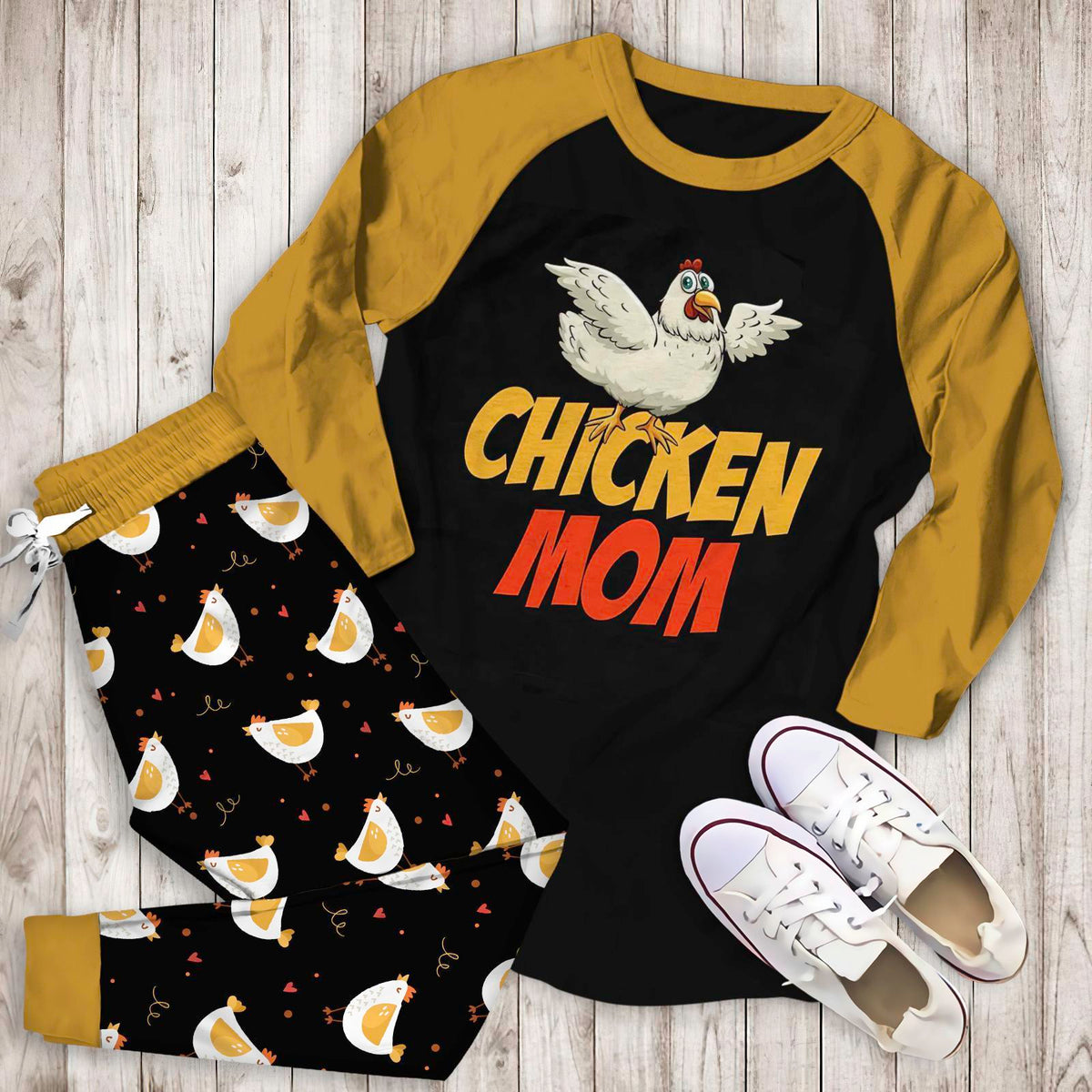Chicken Chicken Mom Aak Pajama Set |Sleepwear Pjs Sets | Raglan Shirt Pants Set