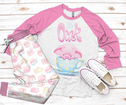 Pig Little Oink Pajama Set |Sleepwear Pjs Sets | Raglan Shirt Pants Set