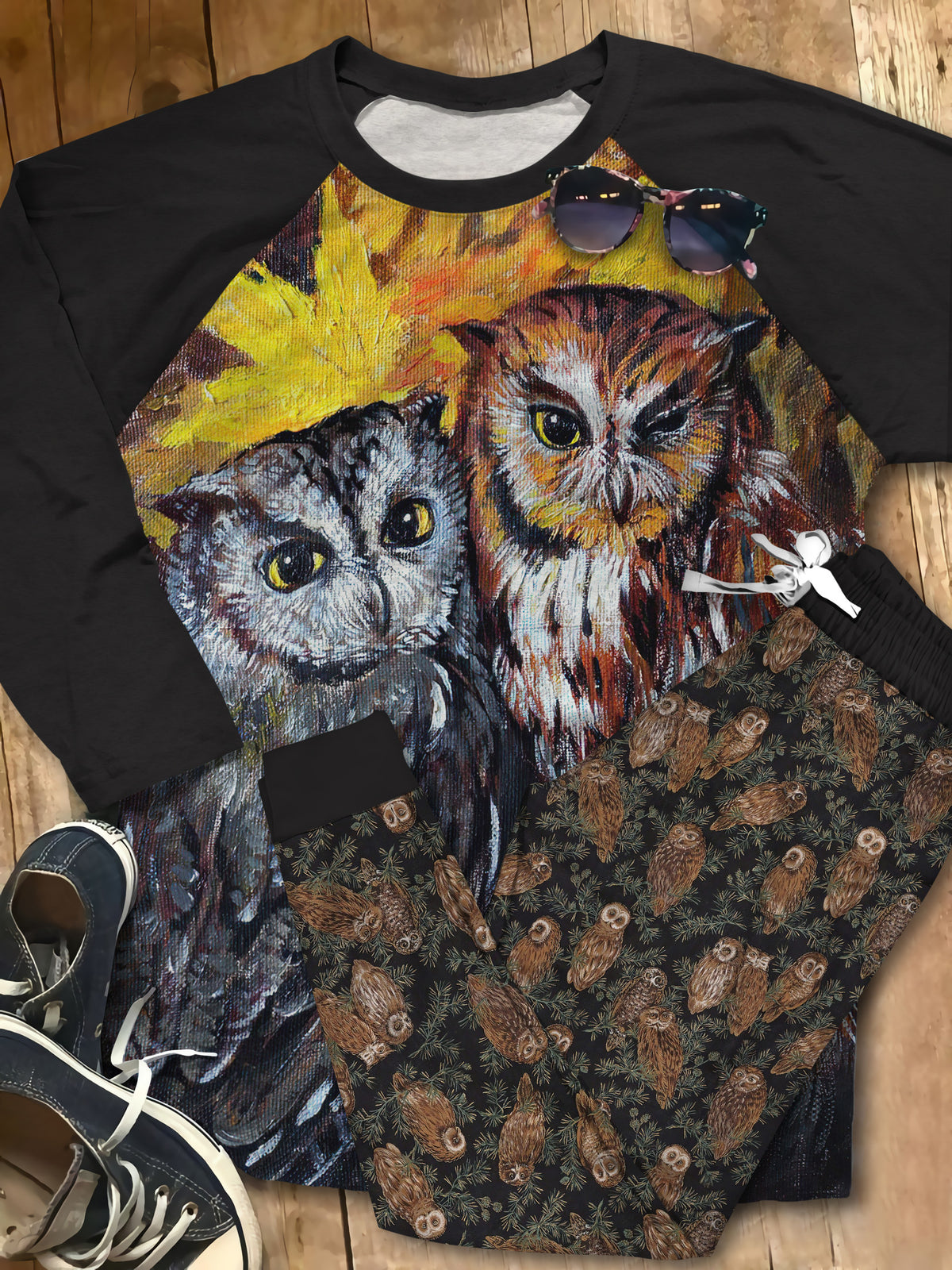 Owl Couple Draw Pajama Set |Sleepwear Pjs Sets | Raglan Shirt Pants Set