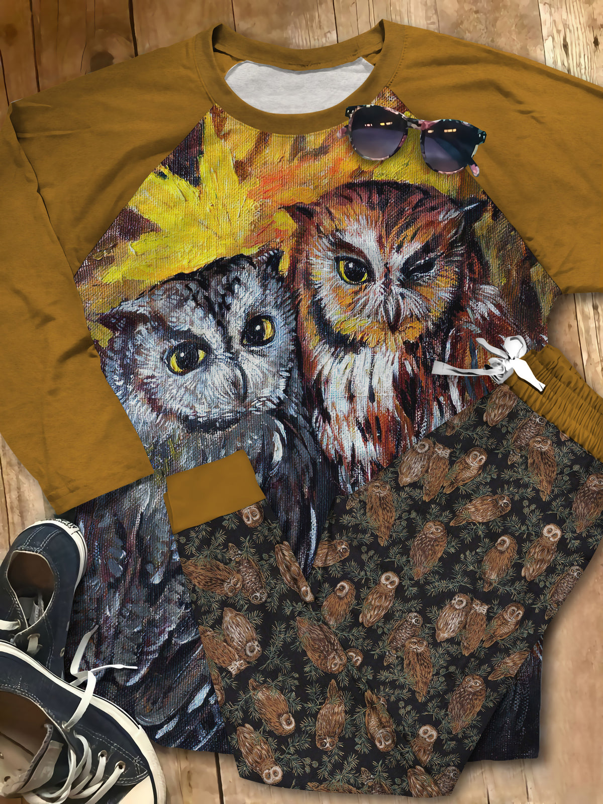 Owl Couple Draw Pajama Set |Sleepwear Pjs Sets | Raglan Shirt Pants Set