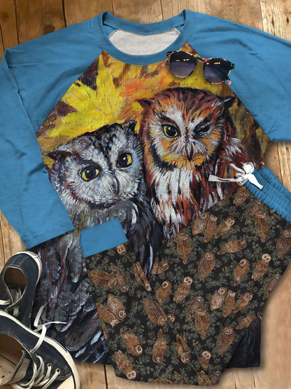 Owl Couple Draw Pajama Set |Sleepwear Pjs Sets | Raglan Shirt Pants Set